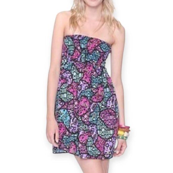 FOREVER 21 BLACK, PINK, PURPLE, & BLUE STRAPLESS DRESS SZ.L EUC. - Picture 1 of 8